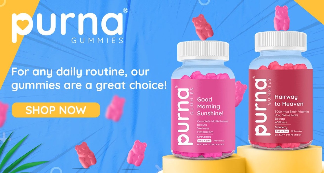 A clean, bright product hero ad featuring two distinct gummy supplement bottles, playful gummy bears, and a clear call-to-action button.